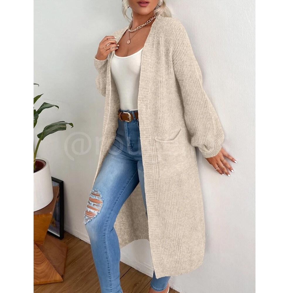 Oatmeal Beige Duster Cardigan Front Pockets Cable Knit Long Sleeve Midi Length - Picture 3 of 8